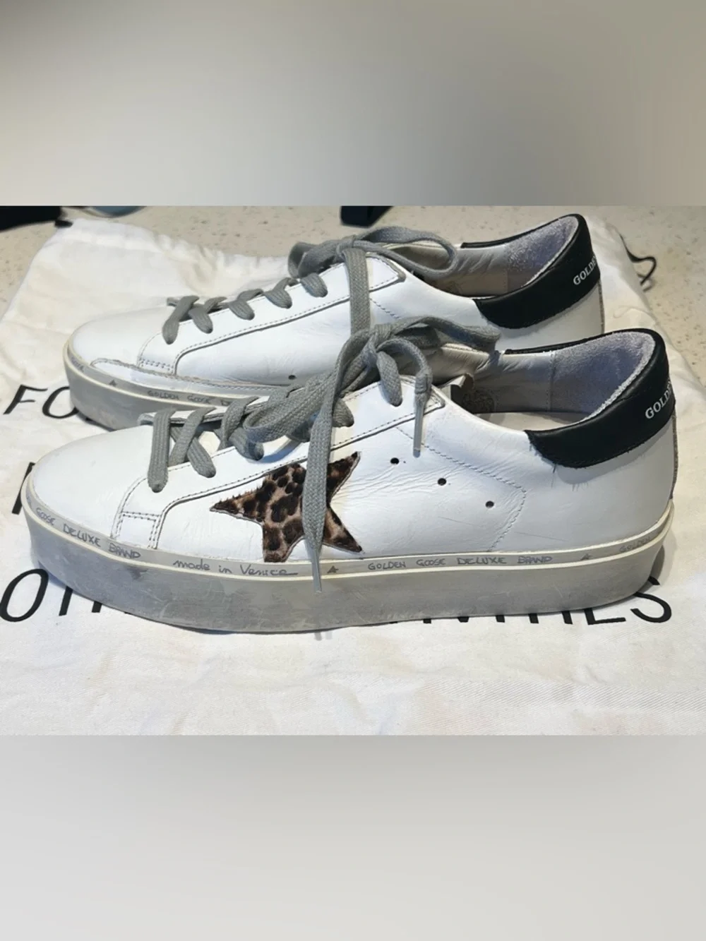 Golden Goose hi star White Leather Sneakers with Leopard Star Accent - Picture 3 of 12